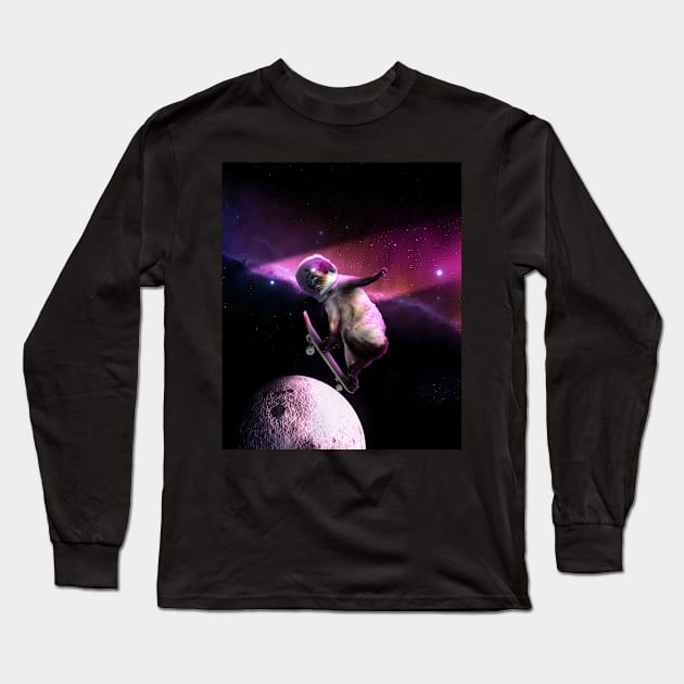 Cat Astronaut Skateboarding Long Sleeve T-Shirt by Random Galaxy